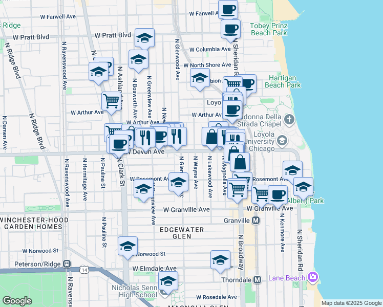 map of restaurants, bars, coffee shops, grocery stores, and more near 1334 West Devon Avenue in Chicago