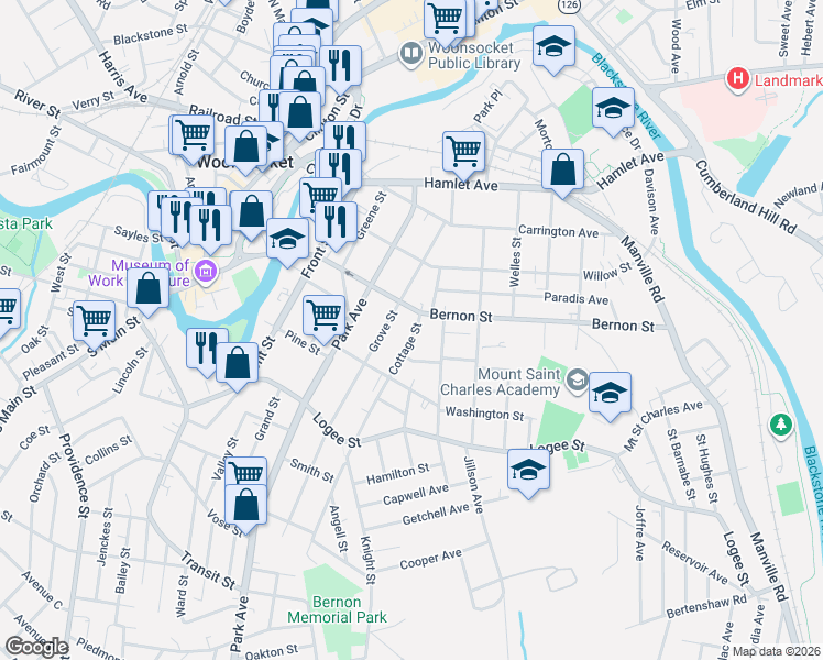 map of restaurants, bars, coffee shops, grocery stores, and more near 481 Bernon Street in Woonsocket