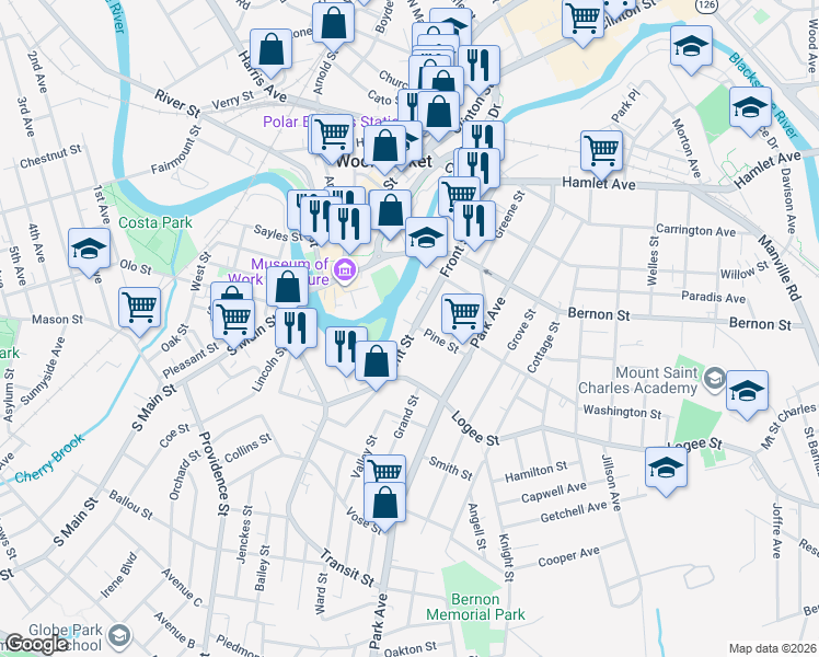 map of restaurants, bars, coffee shops, grocery stores, and more near 349 Front Street in Woonsocket