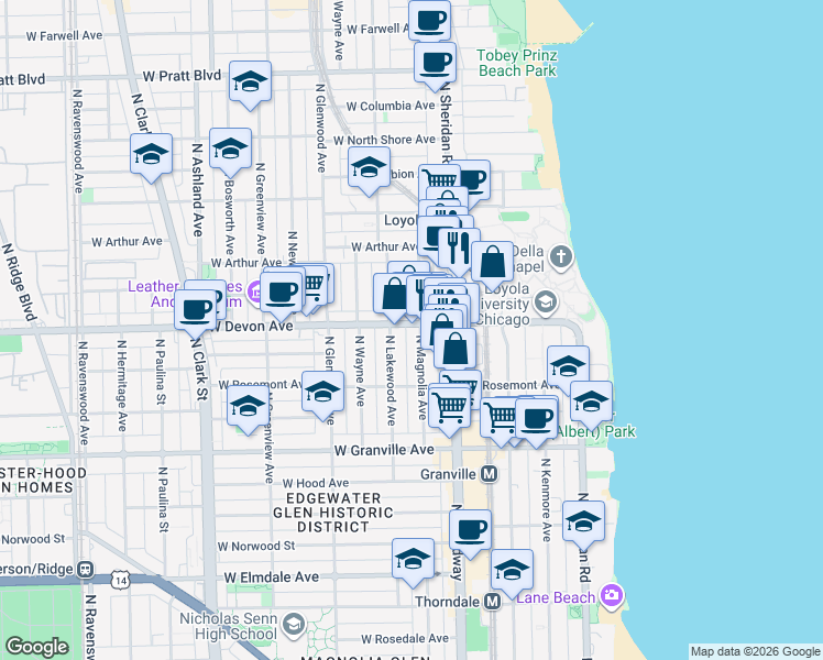 map of restaurants, bars, coffee shops, grocery stores, and more near 1223 West Devon Avenue in Chicago