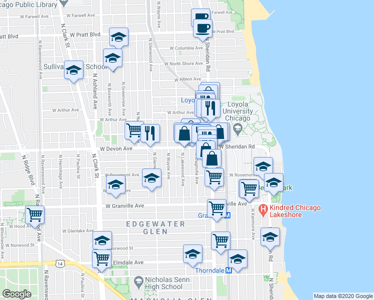 map of restaurants, bars, coffee shops, grocery stores, and more near 6411 North Lakewood Avenue in Chicago