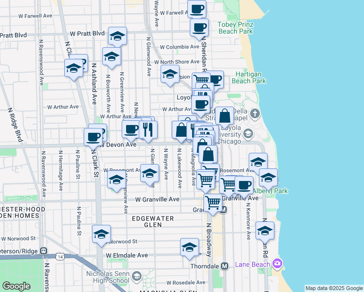 map of restaurants, bars, coffee shops, grocery stores, and more near 6411 North Lakewood Avenue in Chicago