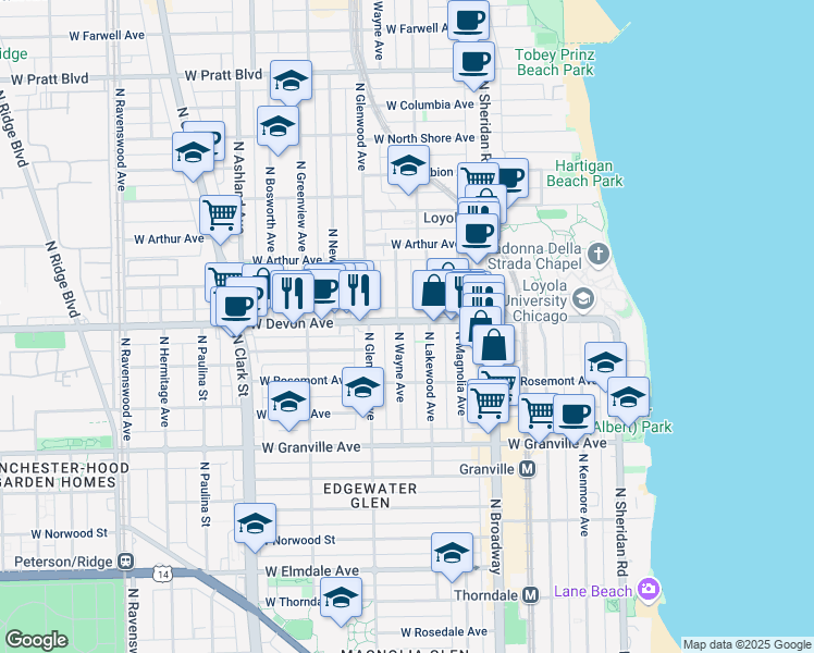 map of restaurants, bars, coffee shops, grocery stores, and more near 1334 West Devon Avenue in Chicago