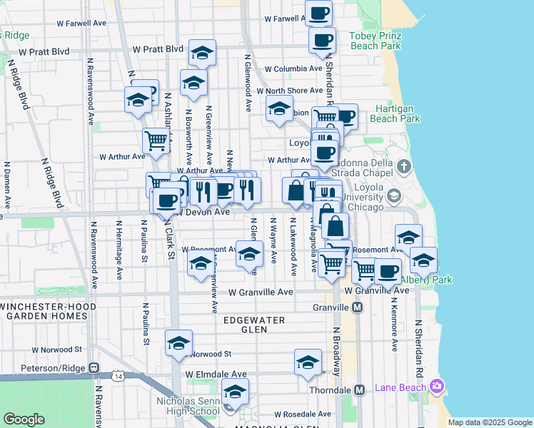 map of restaurants, bars, coffee shops, grocery stores, and more near 1334 West Devon Avenue in Chicago