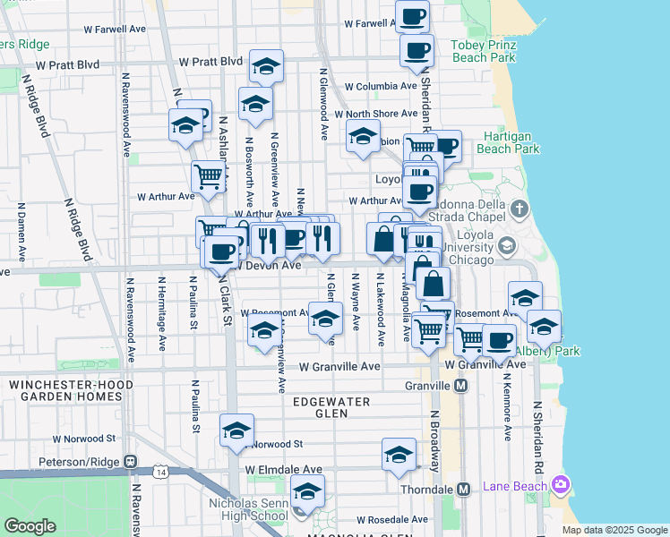 map of restaurants, bars, coffee shops, grocery stores, and more near 1334 West Devon Avenue in Chicago