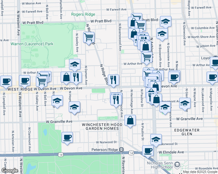 map of restaurants, bars, coffee shops, grocery stores, and more near in Chicago