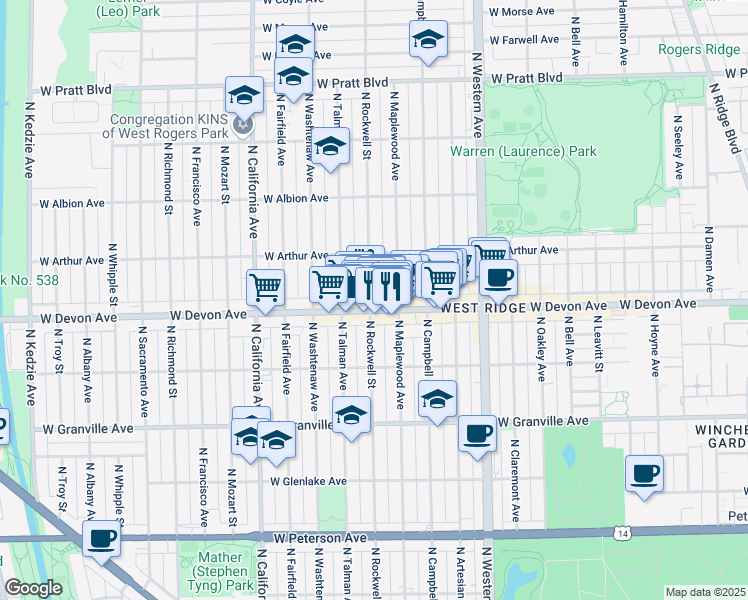 map of restaurants, bars, coffee shops, grocery stores, and more near 6427 North Rockwell Street in Chicago