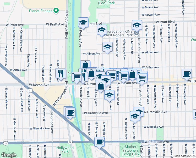 map of restaurants, bars, coffee shops, grocery stores, and more near 6435 North Albany Avenue in Chicago