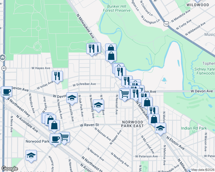 map of restaurants, bars, coffee shops, grocery stores, and more near 6439 North Natoma Avenue in Chicago