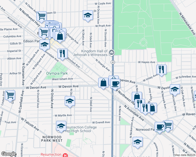 map of restaurants, bars, coffee shops, grocery stores, and more near 6463 North Northwest Highway in Chicago