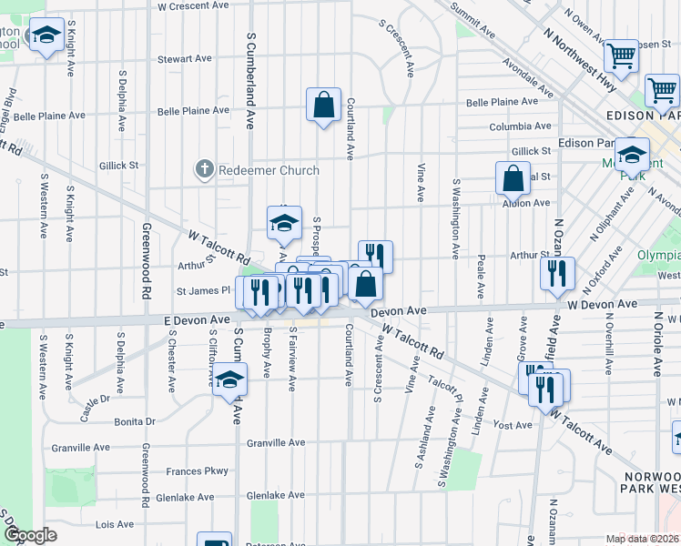 map of restaurants, bars, coffee shops, grocery stores, and more near 1013 Courtland Avenue in Park Ridge