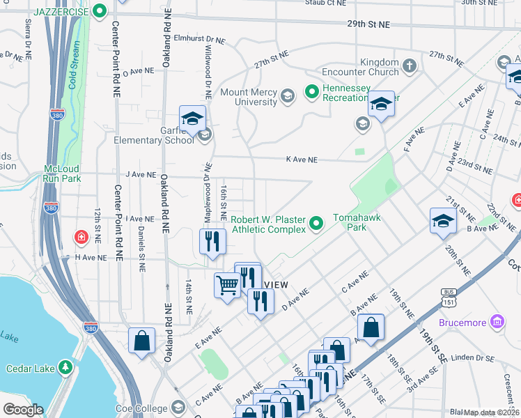 map of restaurants, bars, coffee shops, grocery stores, and more near 1039 17th Street Northeast in Cedar Rapids