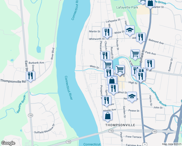 map of restaurants, bars, coffee shops, grocery stores, and more near 37 Asnuntuck Street in Enfield
