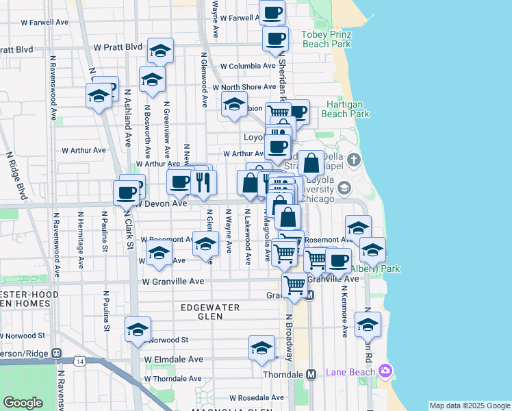 map of restaurants, bars, coffee shops, grocery stores, and more near 1249 West Devon Avenue in Chicago