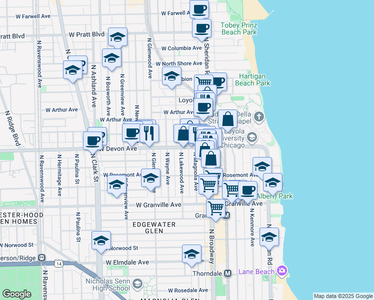 map of restaurants, bars, coffee shops, grocery stores, and more near 6411 North Lakewood Avenue in Chicago