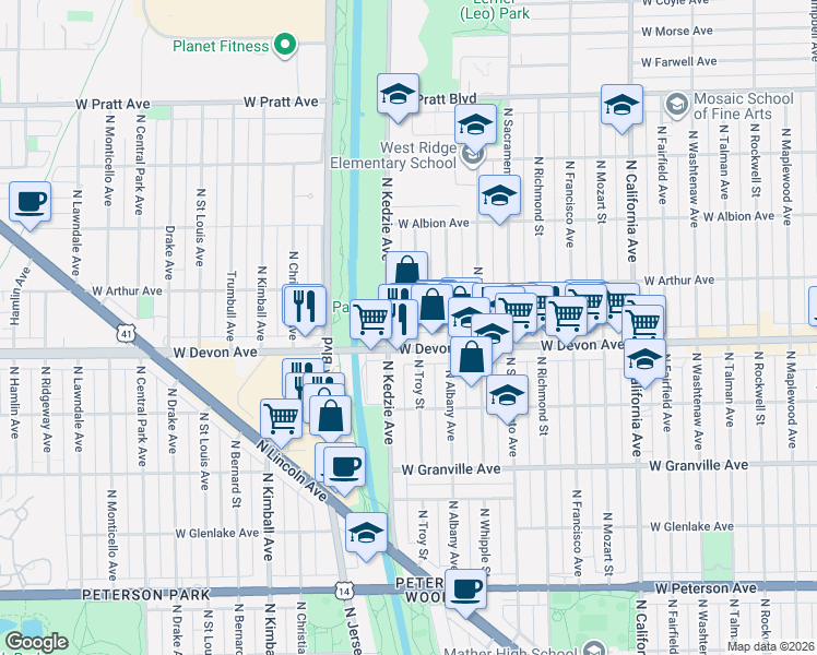map of restaurants, bars, coffee shops, grocery stores, and more near 6435 North Troy Street in Chicago
