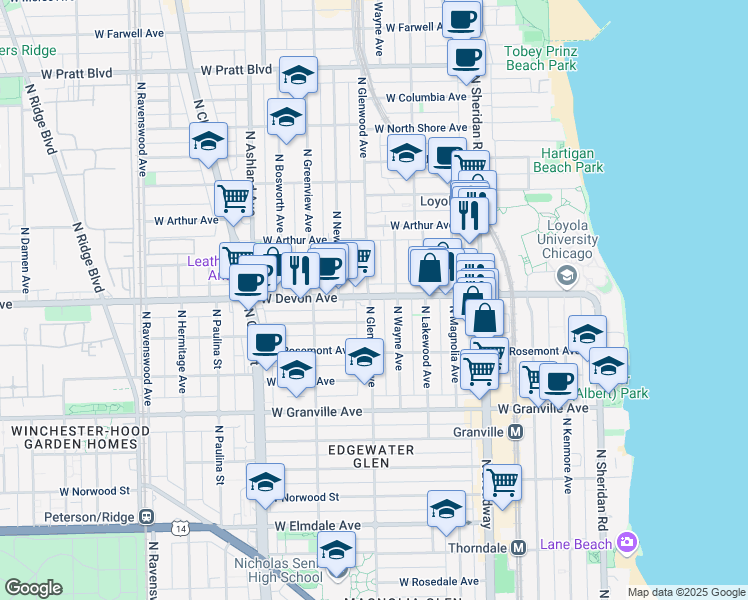 map of restaurants, bars, coffee shops, grocery stores, and more near 1334 West Devon Avenue in Chicago