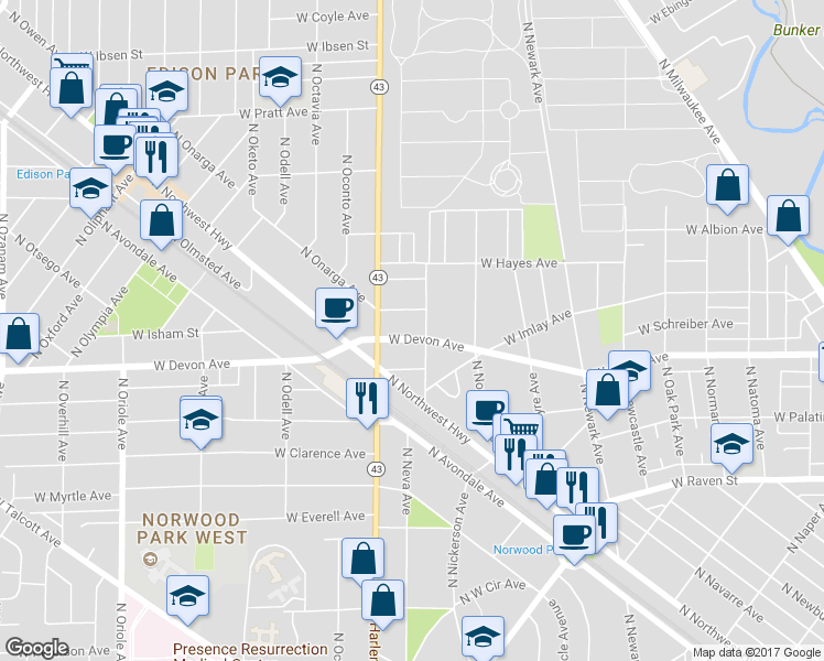 map of restaurants, bars, coffee shops, grocery stores, and more near 7110 West Devon Avenue in Chicago