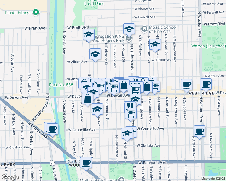 map of restaurants, bars, coffee shops, grocery stores, and more near 6414 North Francisco Avenue in Chicago