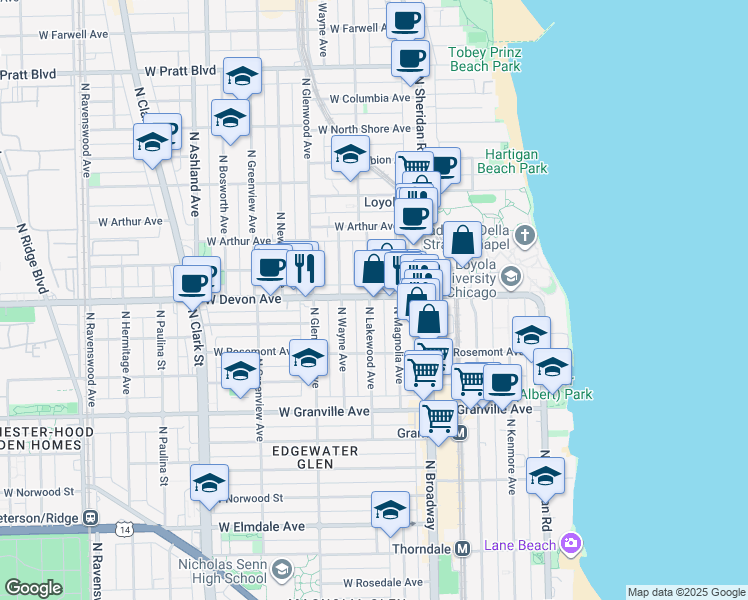 map of restaurants, bars, coffee shops, grocery stores, and more near 6411 North Lakewood Avenue in Chicago