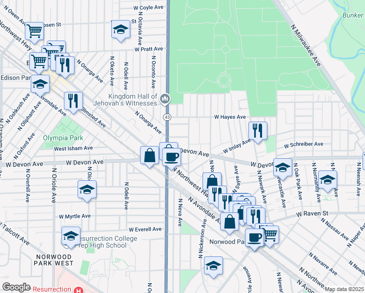 map of restaurants, bars, coffee shops, grocery stores, and more near 7110 West Devon Avenue in Chicago