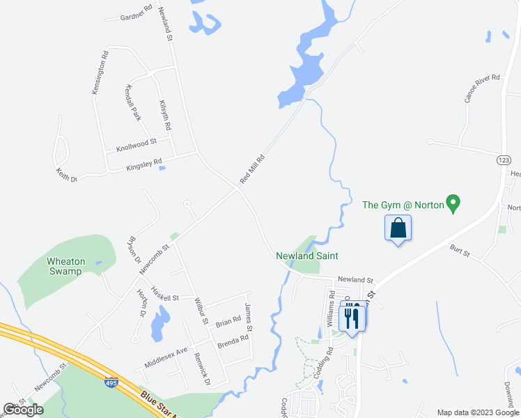 map of restaurants, bars, coffee shops, grocery stores, and more near 55 Newland Street in Norton