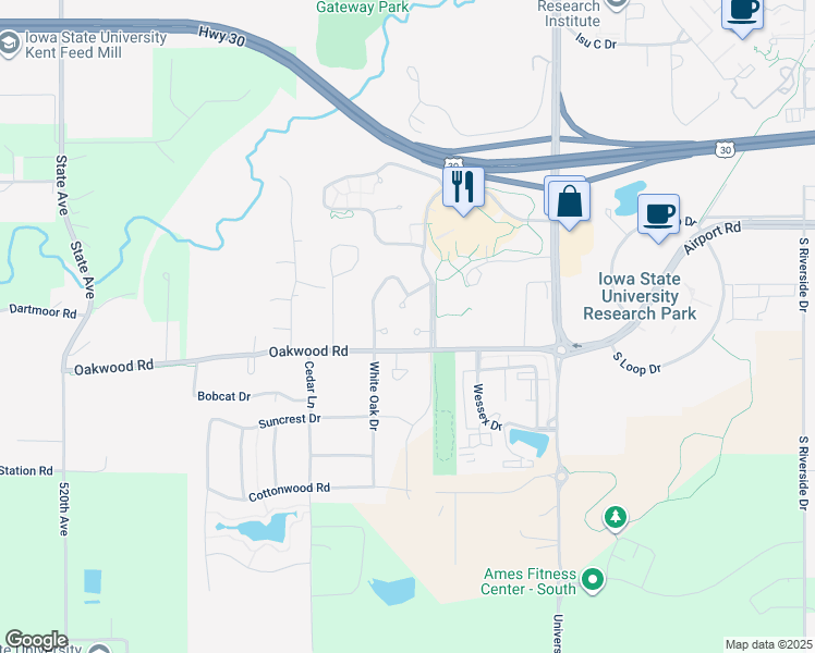 map of restaurants, bars, coffee shops, grocery stores, and more near 2711 Burr Oak Circle in Ames