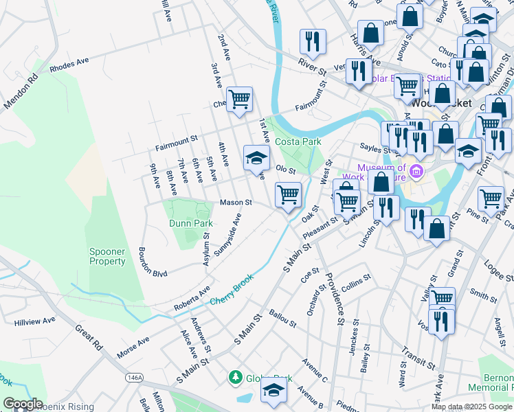 map of restaurants, bars, coffee shops, grocery stores, and more near 222 Mason Street in Woonsocket