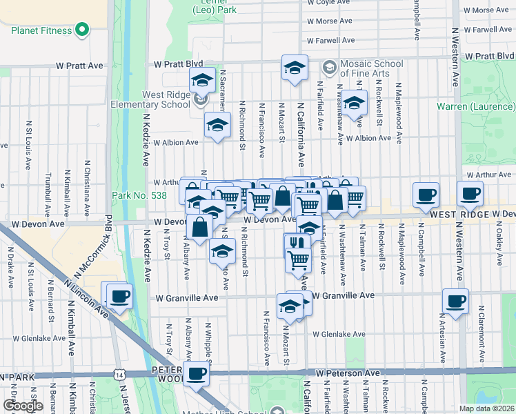 map of restaurants, bars, coffee shops, grocery stores, and more near 6414 North Francisco Avenue in Chicago