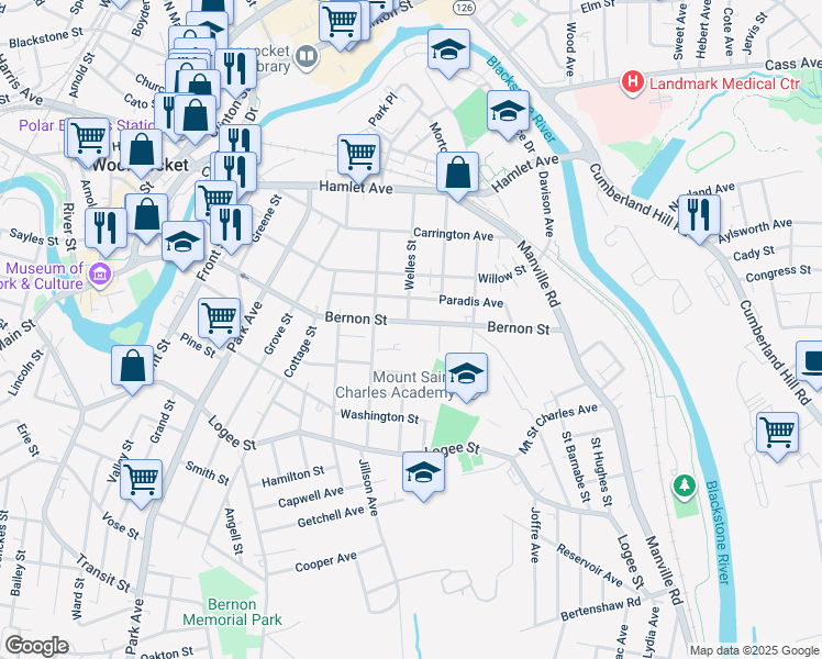 map of restaurants, bars, coffee shops, grocery stores, and more near 736 Bernon Street in Woonsocket