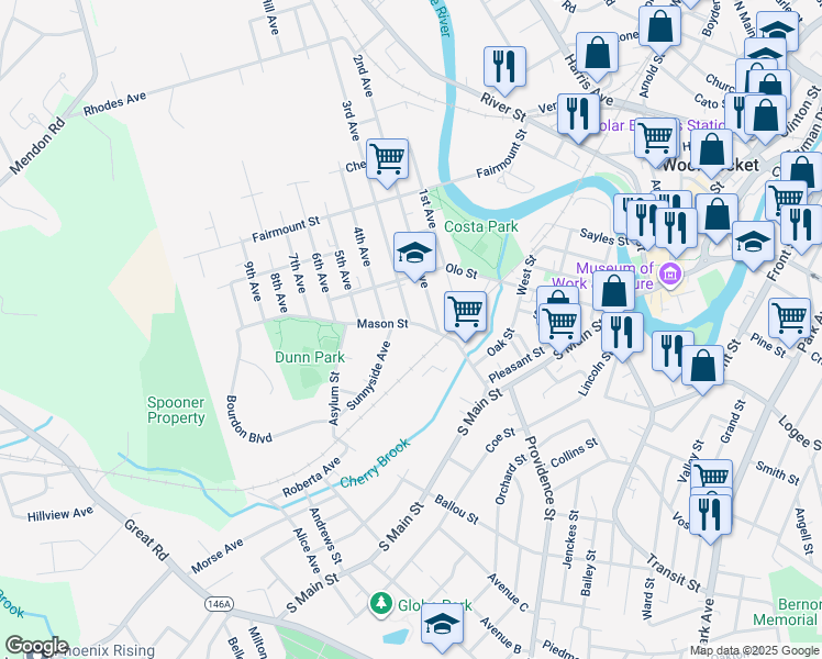 map of restaurants, bars, coffee shops, grocery stores, and more near 40 2nd Avenue in Woonsocket