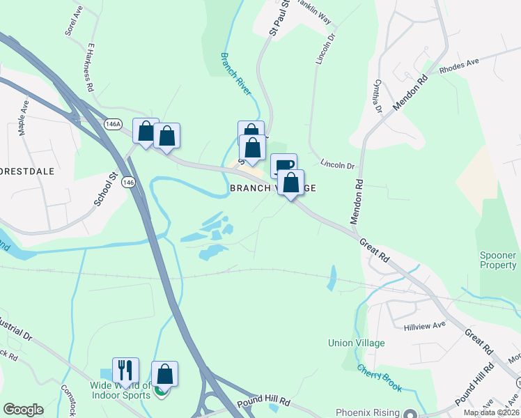 map of restaurants, bars, coffee shops, grocery stores, and more near 10 Branch Avenue in North Smithfield