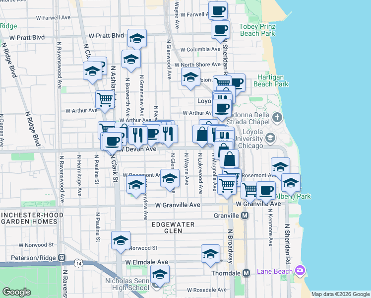 map of restaurants, bars, coffee shops, grocery stores, and more near 1334 West Devon Avenue in Chicago
