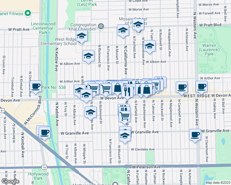 map of restaurants, bars, coffee shops, grocery stores, and more near 6431 North Mozart Street in Chicago