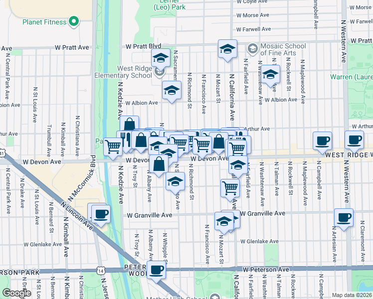 map of restaurants, bars, coffee shops, grocery stores, and more near 6434 North Richmond Street in Chicago