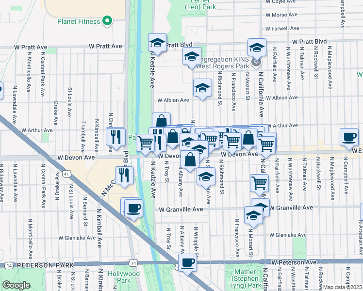 map of restaurants, bars, coffee shops, grocery stores, and more near 6435 North Albany Avenue in Chicago