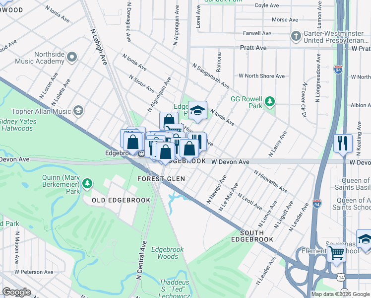 map of restaurants, bars, coffee shops, grocery stores, and more near 6413 North Tahoma Avenue in Chicago