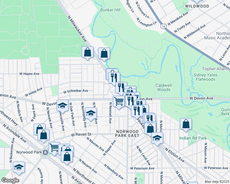 map of restaurants, bars, coffee shops, grocery stores, and more near 6450 North Milwaukee Avenue in Chicago