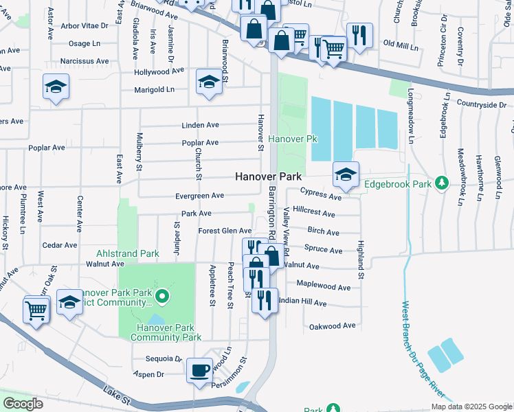 map of restaurants, bars, coffee shops, grocery stores, and more near 1609 Evergreen Avenue in Hanover Park