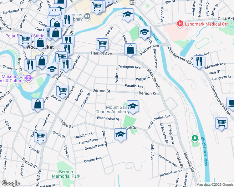 map of restaurants, bars, coffee shops, grocery stores, and more near 736 Bernon Street in Woonsocket