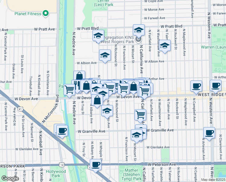 map of restaurants, bars, coffee shops, grocery stores, and more near 6434 North Richmond Street in Chicago