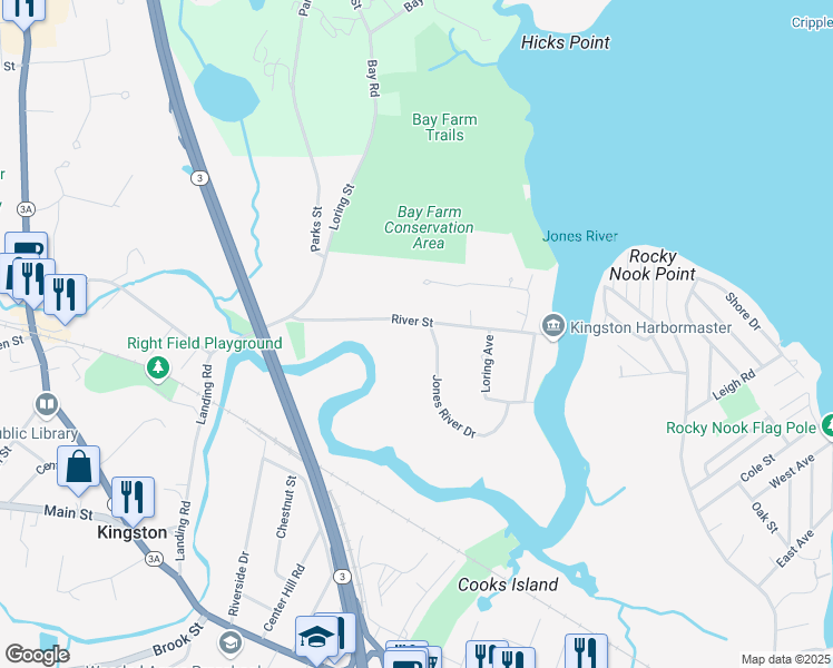map of restaurants, bars, coffee shops, grocery stores, and more near 1 Jones River Drive in Kingston
