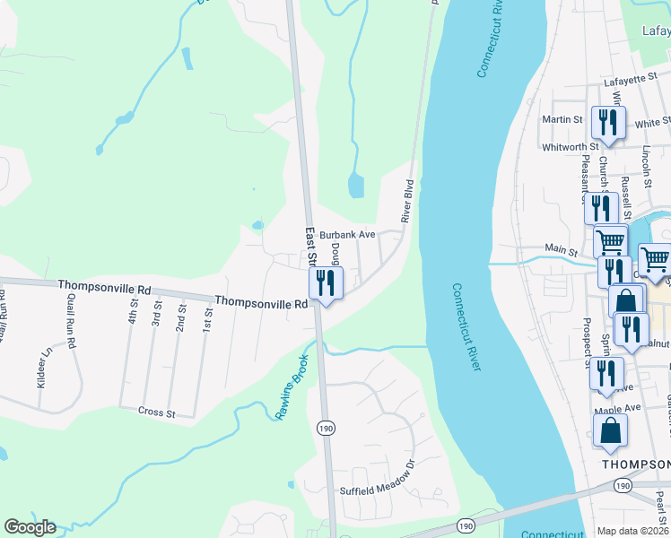 map of restaurants, bars, coffee shops, grocery stores, and more near 55 Douglas Street in Suffield