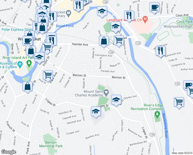 map of restaurants, bars, coffee shops, grocery stores, and more near 723 Bernon Street in Woonsocket