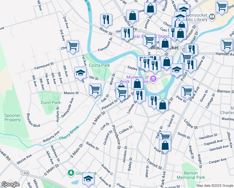 map of restaurants, bars, coffee shops, grocery stores, and more near 16 John Street in Woonsocket