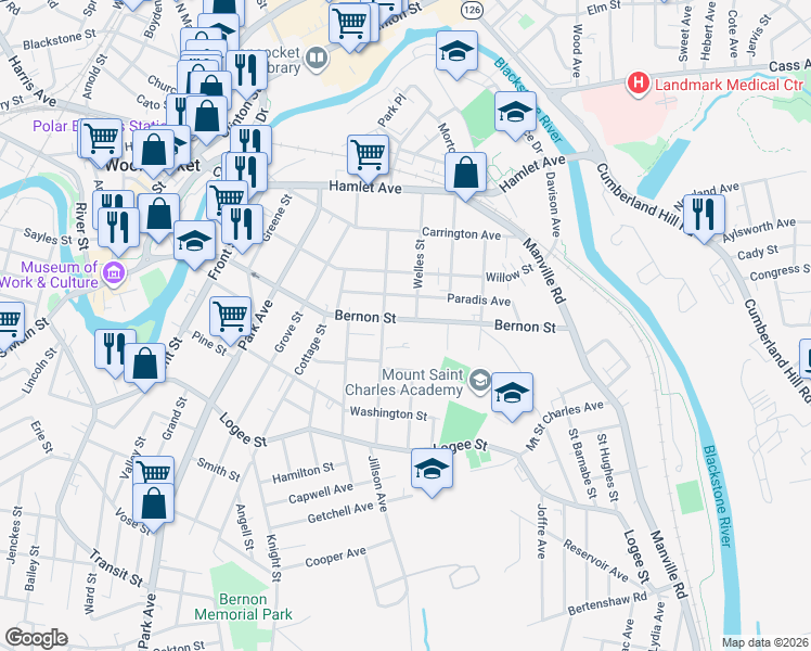 map of restaurants, bars, coffee shops, grocery stores, and more near 656 Bernon Street in Woonsocket