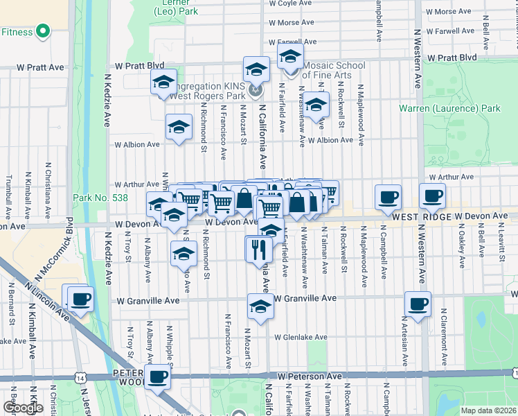 map of restaurants, bars, coffee shops, grocery stores, and more near 6431 North Mozart Street in Chicago