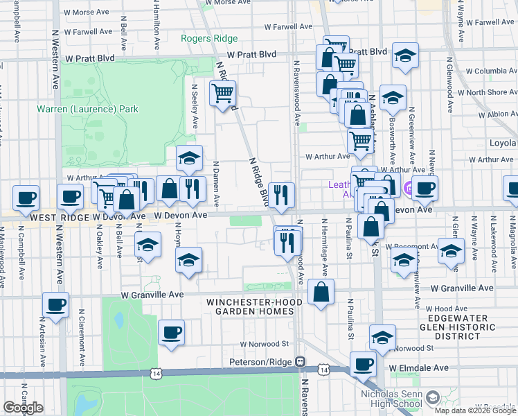 map of restaurants, bars, coffee shops, grocery stores, and more near 6414 North Ridge Boulevard in Chicago