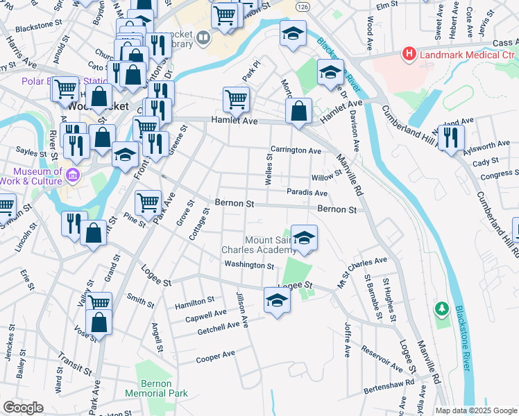 map of restaurants, bars, coffee shops, grocery stores, and more near 656 Bernon Street in Woonsocket