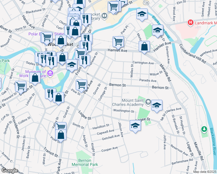 map of restaurants, bars, coffee shops, grocery stores, and more near 481 Bernon Street in Woonsocket